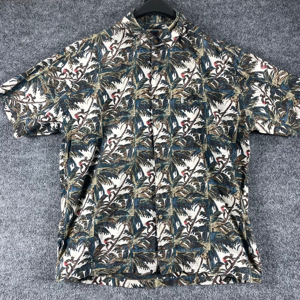 VTG Kahala Shirt Mens Large Green Palm Trees Tropical Hawaiian Button Up Beach